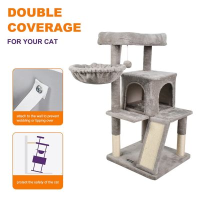 Image showing  38 in. Faux Fur Top Perch Cat Tree & Condo with Basket, Light Grey