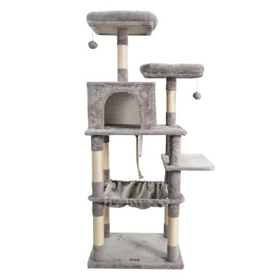 GOOPAWS 63 in. Faux Fur Cat Tree & Condo with Hammock, Light Grey