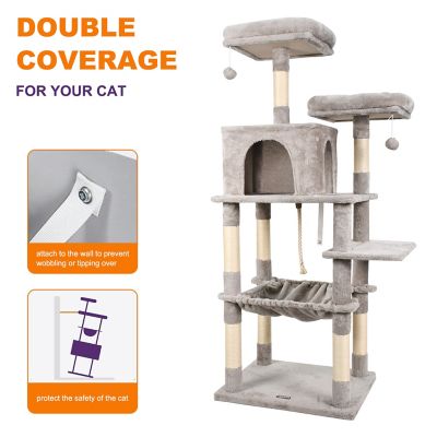 Image showing  63 in. Faux Fur Cat Tree & Condo with Hammock, Light Grey