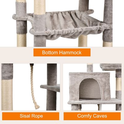 Image showing  63 in. Faux Fur Cat Tree & Condo with Hammock, Light Grey
