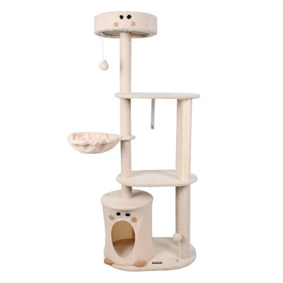 GOOPAWS 59 in. Faux Fur Cat Tree & Condo with Hammock, Crem
