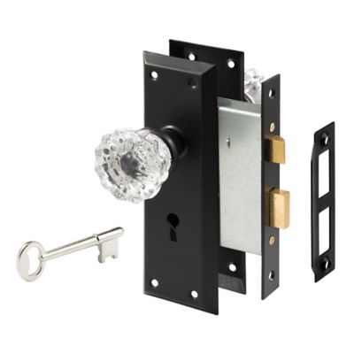 Prime-Line Matte Black Mortise Keyed Lock Set with Glass Knob, Fits Doors with 2-3/8 in. Backset, 1 pk.
