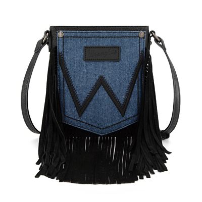 Wrangler Leather Fringe Jean Denim Pocket Crossbody