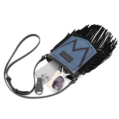 Image showing  Leather Fringe Jean Denim Pocket Crossbody