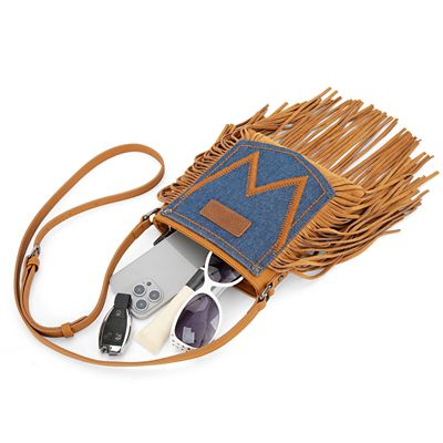 Image showing  Leather Fringe Jean Denim Pocket Crossbody