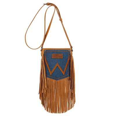 Image showing  Leather Fringe Jean Denim Pocket Crossbody