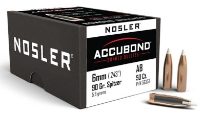 Nosler AccuBond 6mm 90-Grain Spitzer Point Reloading Rifle Bullets, 50 Rounds