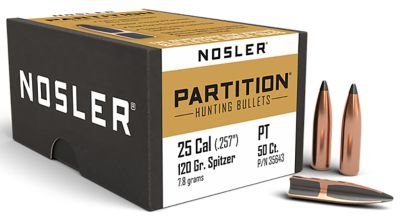 Nosler Partition .25 Caliber 120-Grain Spitzer Reloading Rifle Bullets, 50 Rounds