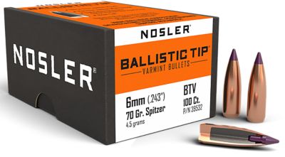 Nosler Ballistic Tip 6mm 70-Grain Spitzer Point Reloading Rifle Bullets, 100 Rounds