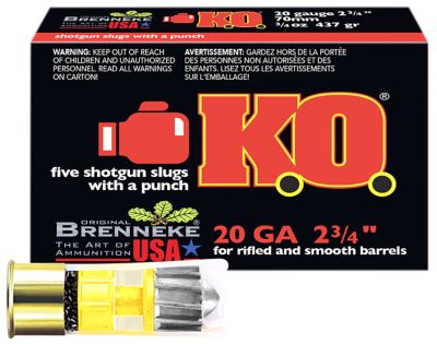 Brenneke 20-Gauge K.O. Shotgun Slugs, 2.75 in., 3/4 oz., 5 Rounds
