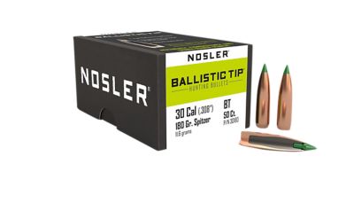 Nosler Ballistic Tip .30 Caliber 180-Grain Spitzer Reloading Rifle Bullets, 50 Rounds