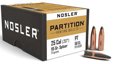 Nosler Partition .25 Caliber 115-Grain Spitzer Reloading Rifle Bullets, 50 Rounds
