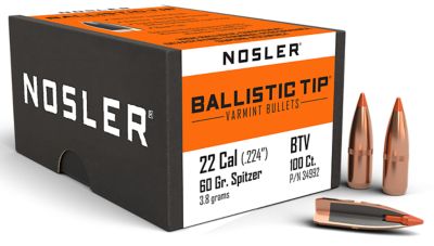 Nosler Ballistic Tip .22 Caliber 60-Grain Spitzer Reloading Rifle Bullets, 100 Rounds