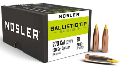 Nosler Ballistic Tip .270 Win 130-Grain Spitzer Reloading Rifle Bullets, 50 Rounds