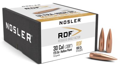 Nosler RDF .30 Caliber 175-Grain Hollow Point Boat Tail Reloading Rifle Bullets, 100 Rounds