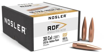 Nosler RDF .30 Caliber 210-Grain Hollow Point Boat Tail Reloading Rifle Bullets, 100 Rounds