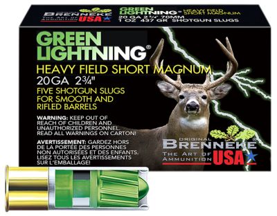 Brenneke 20-Gauge Green Lightning Heavy Field Short Magnum Shotgun Slugs, 2.75 in., 1 oz., 5 Rounds