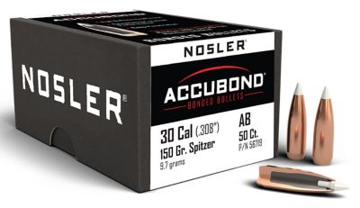 Nosler AccuBond .30 Caliber 150-Grain Spitzer Point Boat Tail Reloading Rifle Bullets, 50 Rounds