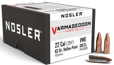 Nosler Varmageddon .22 Caliber 62-Grain Flat Base Hollow Point Reloading Rifle Bullets, 100 Rounds