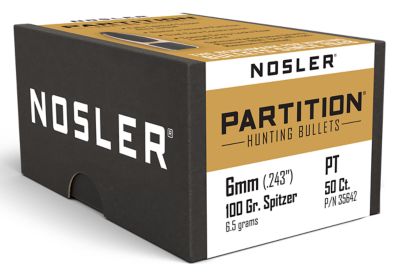 Nosler Partition 6mm 100-Grain Spitzer Reloading Rifle Bullets, 50 Rounds