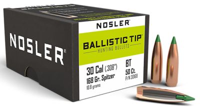 Nosler Ballistic Tip .30 Caliber 168-Grain Spitzer Reloading Rifle Bullets, 50 Rounds