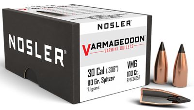 Nosler Varmageddon .30 Caliber 110-Grain Flat Base Tipped Reloading Rifle Bullets, 100 Rounds