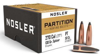 Nosler Partition .270 Win 130-Grain Partition Spitzer Reloading Rifle Bullets, 50 Rounds