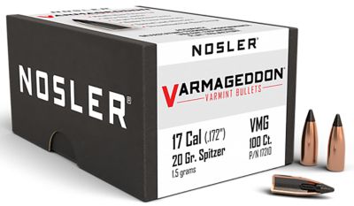 Nosler Varmageddon .17 Caliber 20-Grain Flat Base Tipped Reloading Rifle Bullets, 100 Rounds