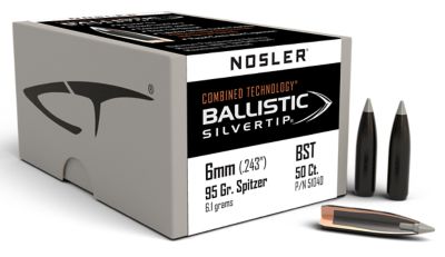 Nosler Ballistic Silvertip 6mm 95-Grain Spitzer Point Reloading Rifle Bullets, 50 Rounds