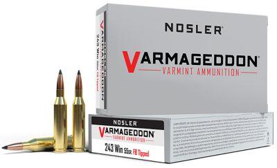 Nosler Varmageddon .243 Win 55-Grain Flat Base Tipped Rifle Ammunition, 20 Rounds