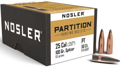 Nosler Partition .25 Caliber 100-Grain Spitzer Reloading Rifle Bullets, 50 Rounds