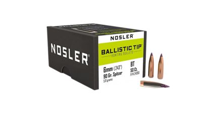 Nosler Ballistic Tip 6mm 90-Grain Spitzer Reloading Rifle Bullets, 50 Rounds