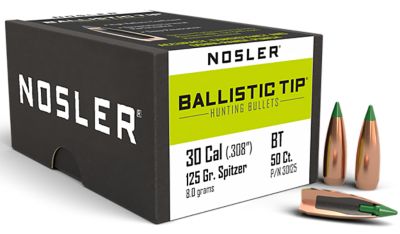 Nosler Ballistic Tip .30 Caliber 125-Grain Spitzer Reloading Rifle Bullets, 50 Rounds