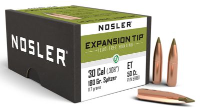 Nosler Expansion-Tip .30 Caliber 180-Grain Spitzer Reloading Rifle Bullets, 50 Rounds