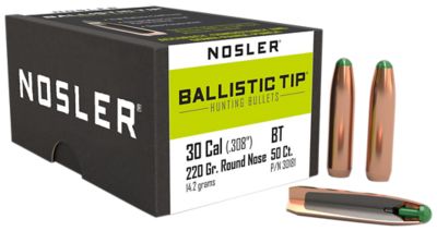 Nosler Ballistic Tip .30 Caliber 220-Grain Round Nose Reloading Rifle Bullets, 50 Rounds