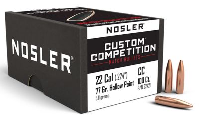 Nosler Custom Competition .22 Caliber 77-Grain Hollow Point Boat Tail Reloading Rifle Bullets, 100 Rounds