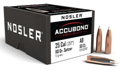 Nosler AccuBond .25 Caliber 110-Grain Spitzer Point Boat Tail Reloading Rifle Bullets, 50 Rounds