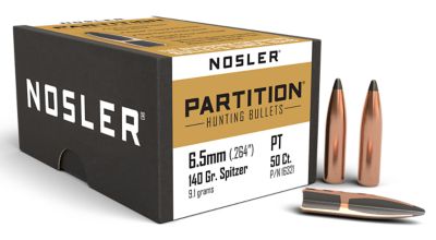 Nosler Partition 6.5 Creedmoor 140-Grain Spitzer Reloading Rifle Bullets, 50 Rounds