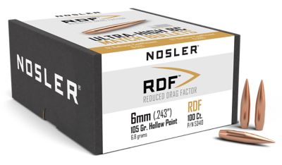 Nosler RDF 6mm 105-Grain Hollow Point Boat Tail Reloading Rifle Bullets, 100 Rounds