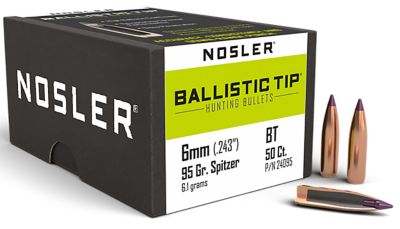 Nosler Ballistic Tip 6mm 95-Grain Spitzer Reloading Rifle Bullets, 50 Rounds