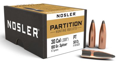 Nosler Partition .30 Caliber 180-Grain Spitzer Reloading Rifle Bullets, 50 Rounds
