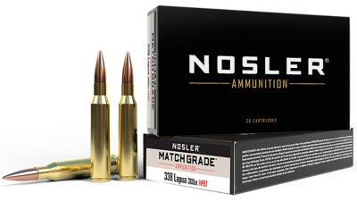 Nosler Match Grade .338 Lapua Magnum 300-Grain Custom Competition Hollow Point Boat Tail Rifle Ammunition, 20 Rounds