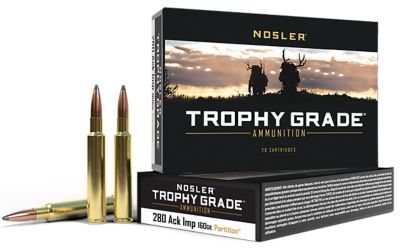 Nosler Trophy Grade .280 Ackley Improved 160-Grain Nosler Spitzer Partition Rifle Ammunition, 20 Rounds