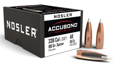 Nosler AccuBond .338 Caliber 180-Grain Spitzer Point Boat Tail Reloading Rifle Bullets, 50 Rounds