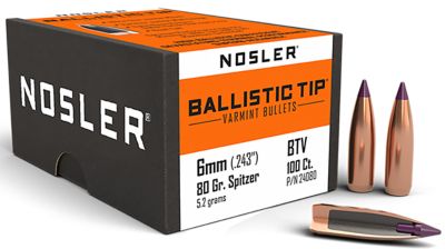 Nosler Ballistic Tip 6mm 80-Grain Spitzer Point Reloading Rifle Bullets, 100 Rounds
