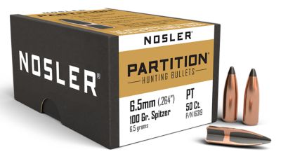 Nosler Partition 6.5 Creedmoor 100-Grain Partition Spitzer Reloading Rifle Bullets, 50 Rounds