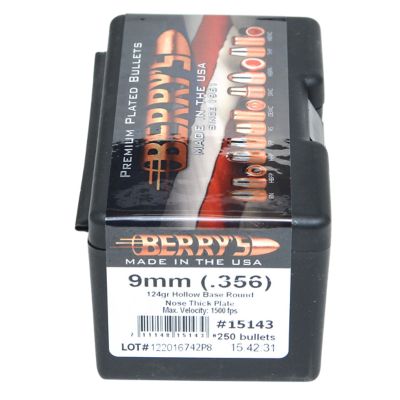 Berry's Superior Pistol 9mm 124-Grain Hollow Base Round Nose Thick Plate Reloading Handgun Bullets, 250 Rounds