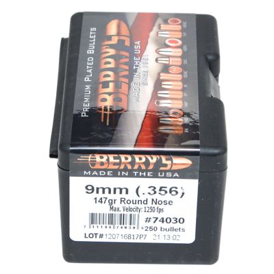 Berry's Superior Pistol 9mm 147-Grain Round Nose Reloading Handgun Bullets, 250 Rounds