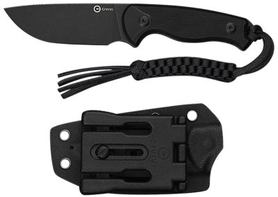 Civivi Knives 3.20 in. Timberbark Fixed Blade Knife, Drop Point, Black, Stonewashed, 14C28N Steel Blade, 3.69 in., G10 Handle