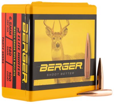 Berger Bullets Elite Hunter Match Grade 6.5mm 140-Grain Boat Tail Reloading Rifle Bullets, 100 Rounds